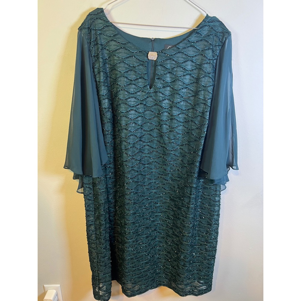 Connected Apparel Womens Dress Sequin Cape Sleeve Dark Green 22W